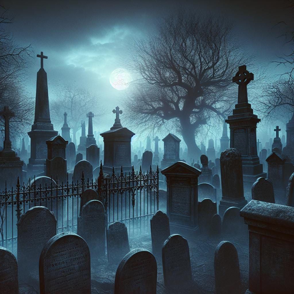 Eerie cemetery at twilight.