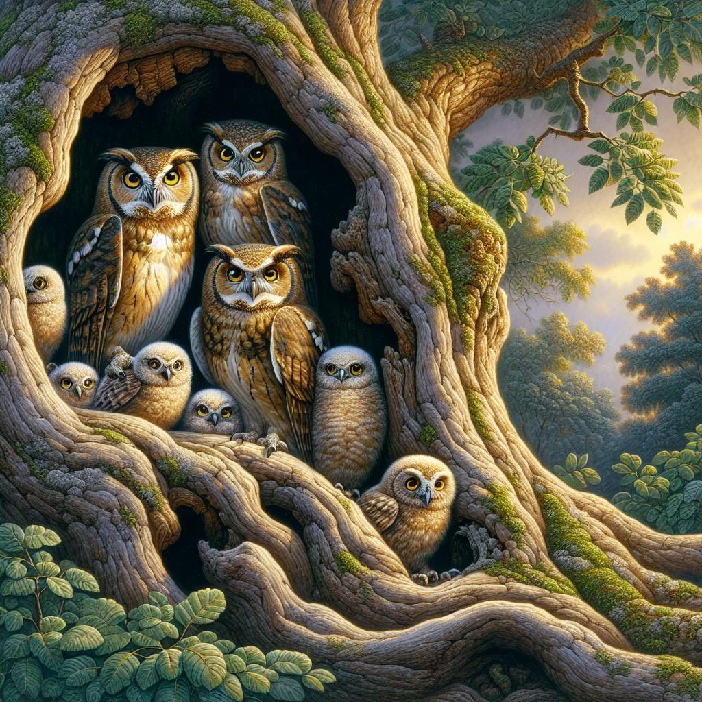 Owl family in tree