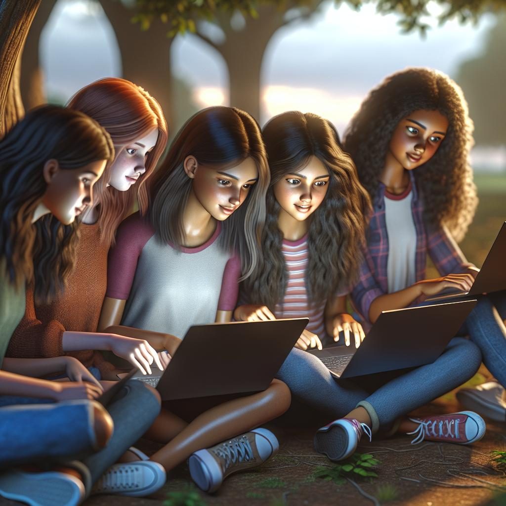 Girls coding together outdoors.