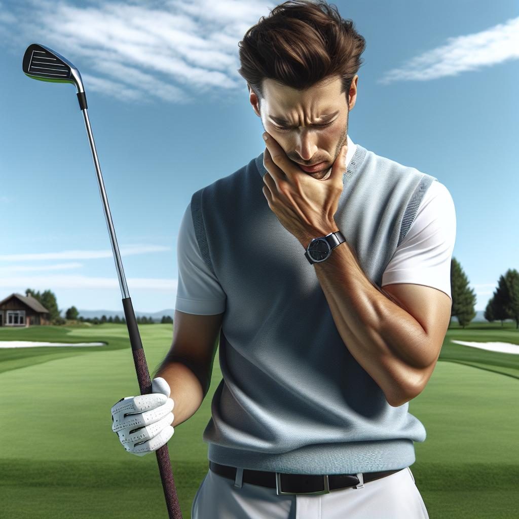 Frustrated golfer analyzing swing.