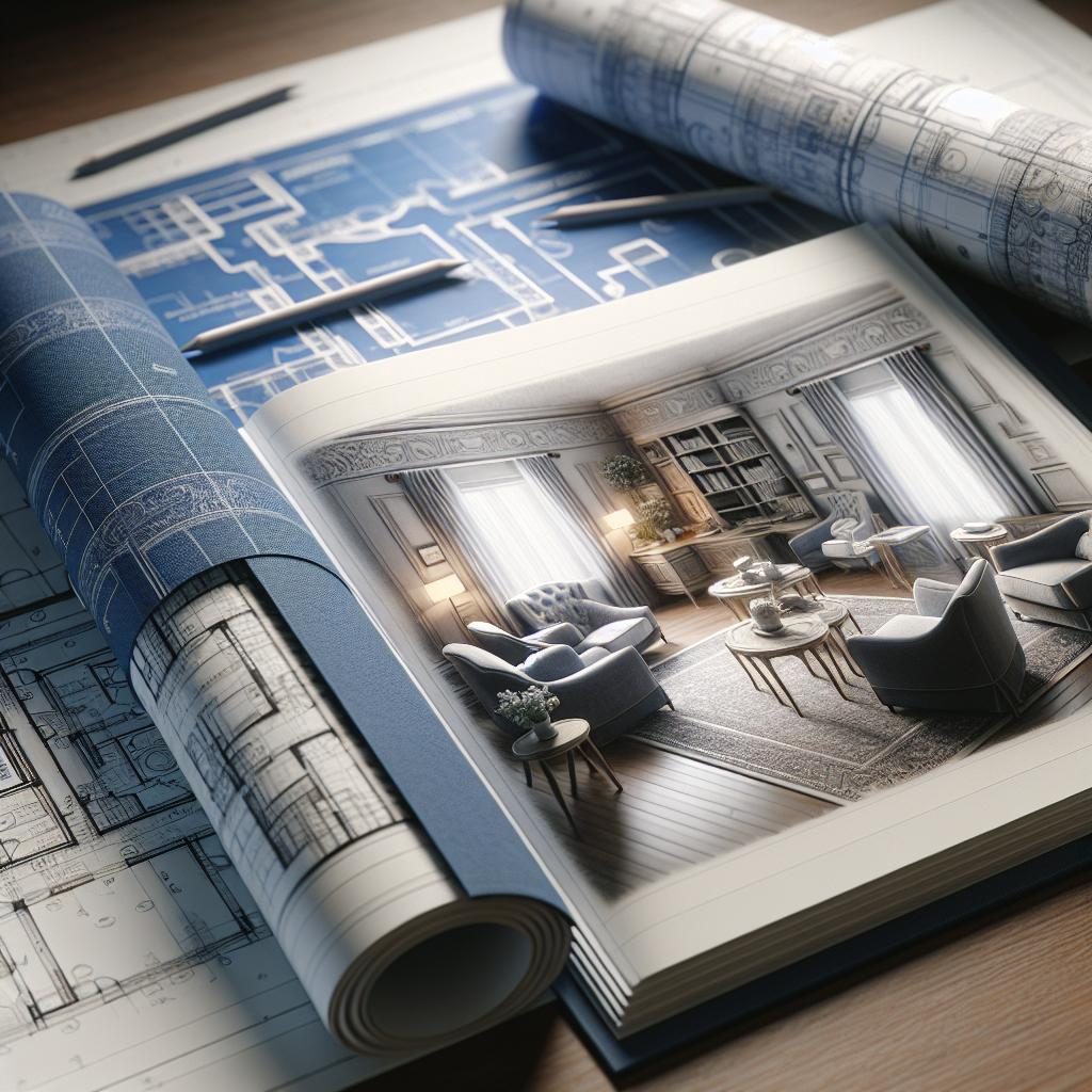 Interior design sketchbook and blueprints