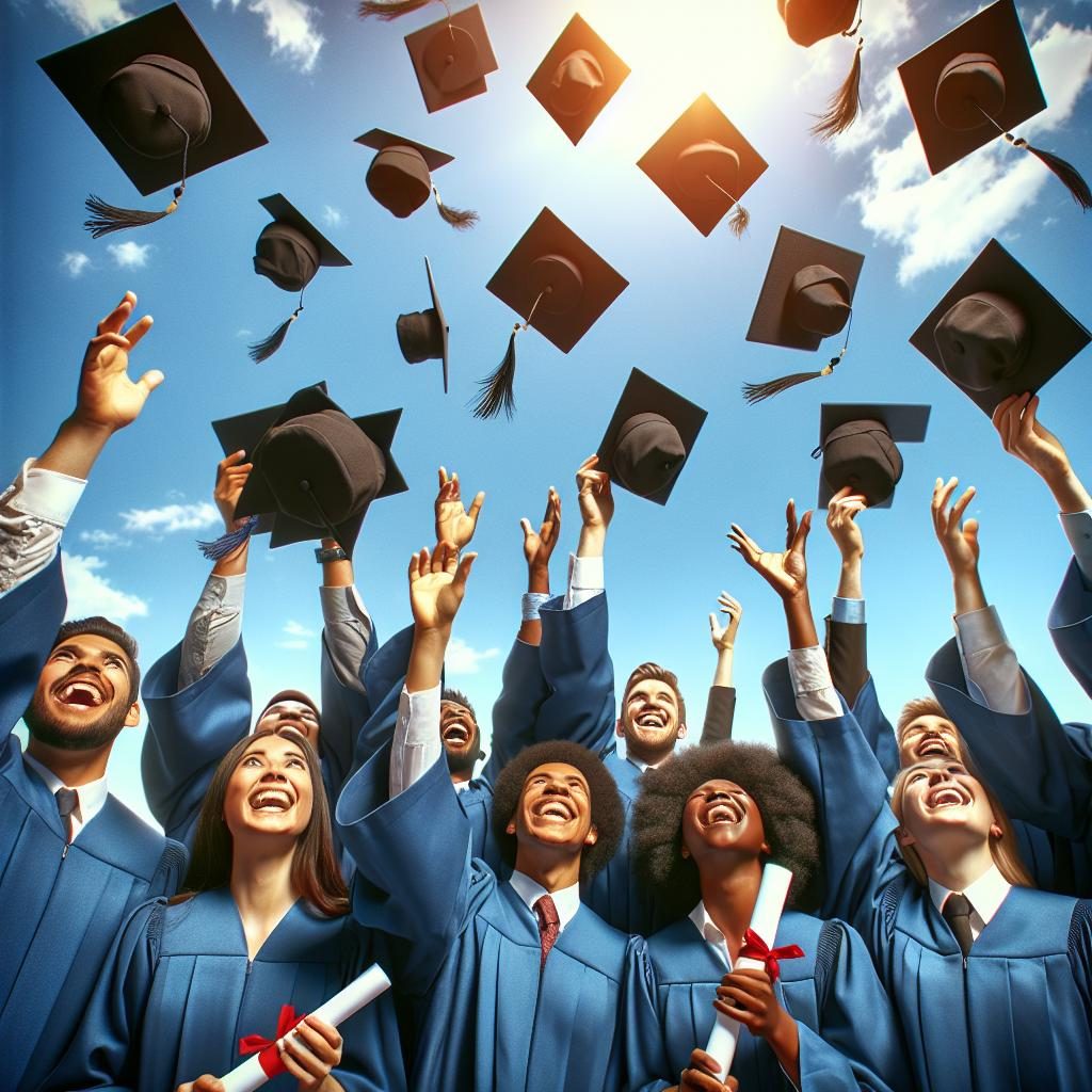 Graduates tossing caps joyfully.