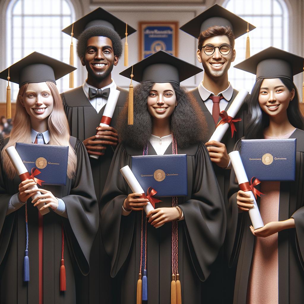 Graduating students with diplomas.