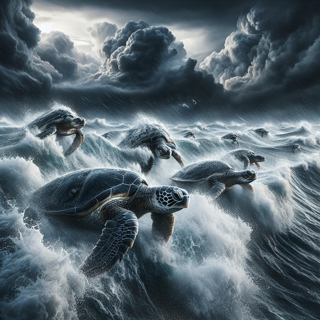 Sea turtles navigating storm.