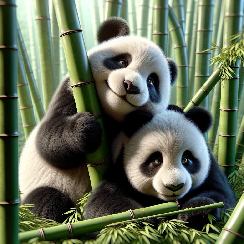 Panda twins cuddling bamboo.