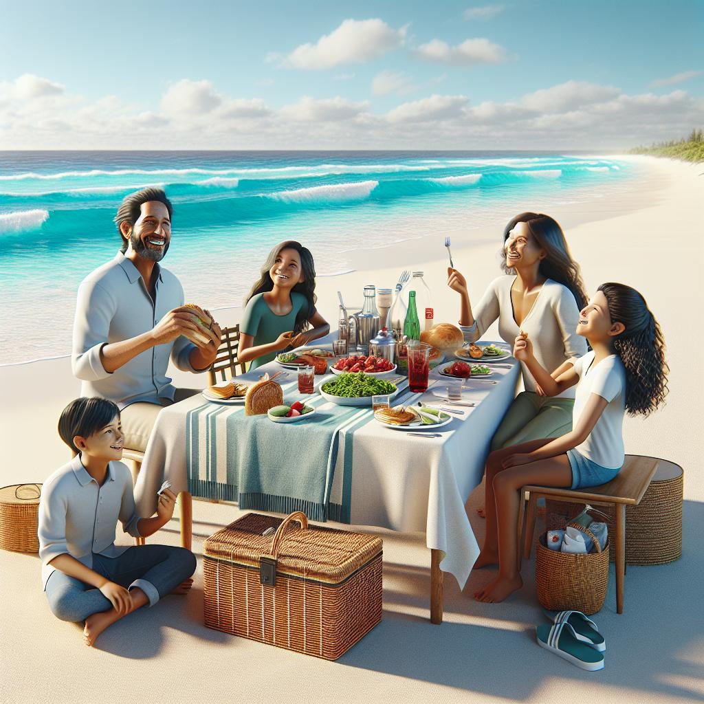 Family dining on beach.