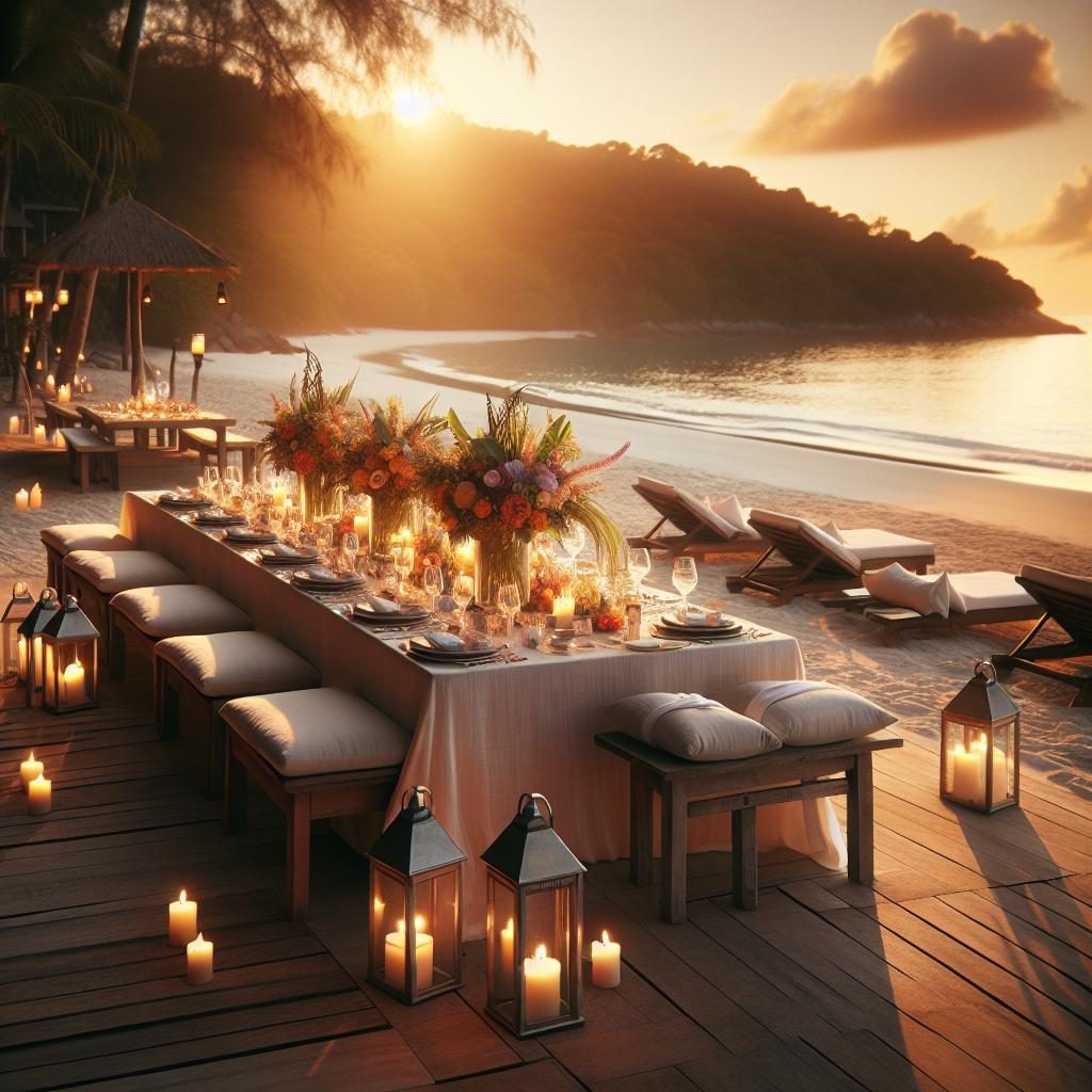 Outdoor beach dinner setup.