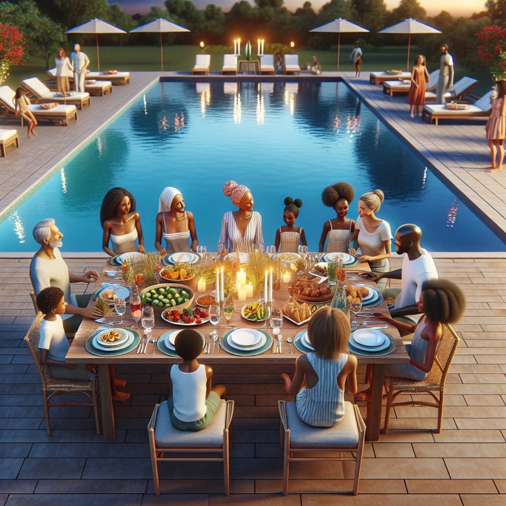 Family dinner by pool.