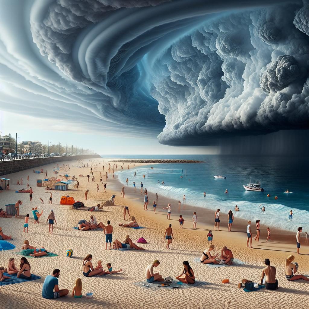 Beachgoers under storm clouds