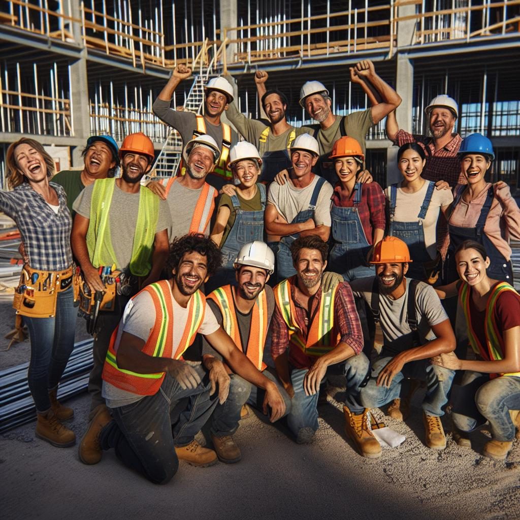 "School construction workers celebrating"