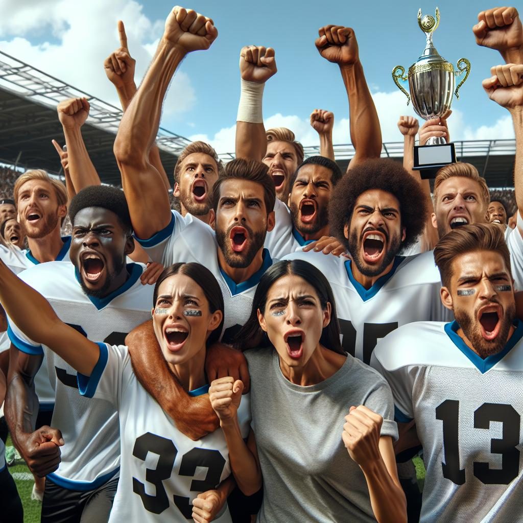 Excited football team celebration.