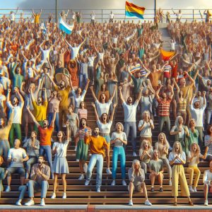 Cheering fans on bleachers.