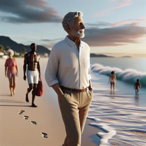 Elderly man walking beach