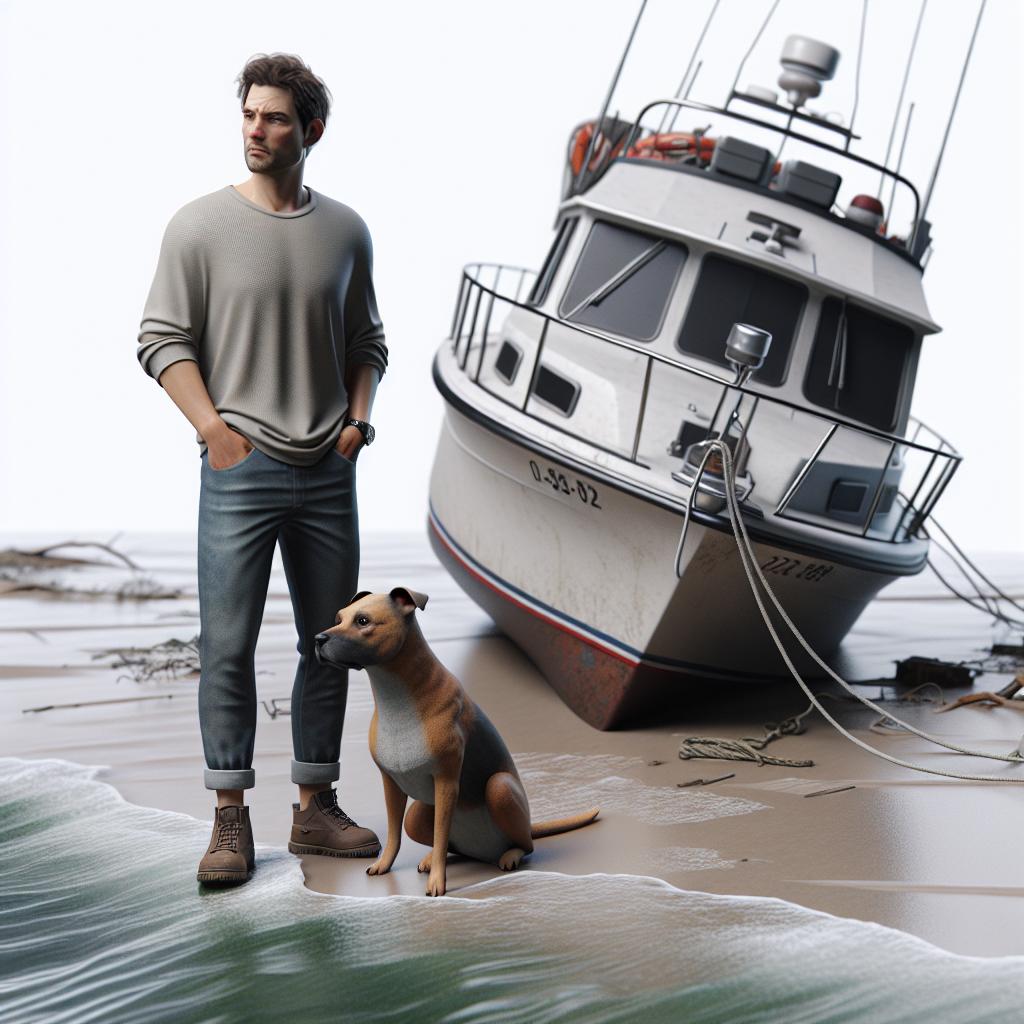 Man, Dog, Stranded Boat