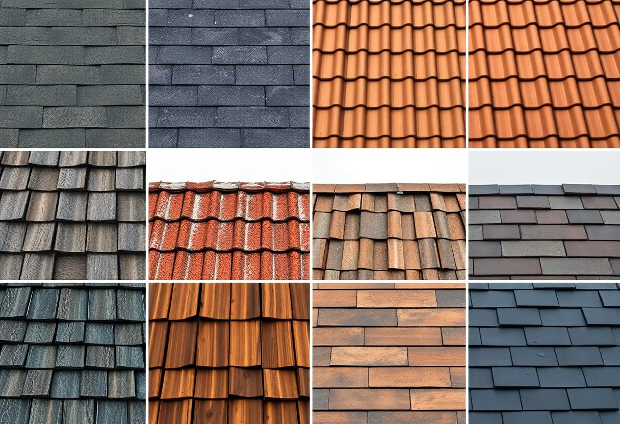 Various roofing materials displayed under different weather conditions