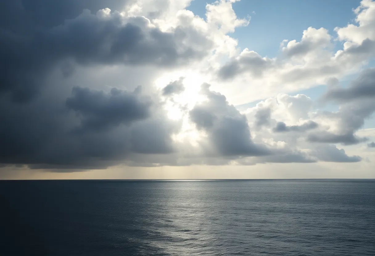 Coastal landscape showing calm waters and fading clouds after Oscar storm