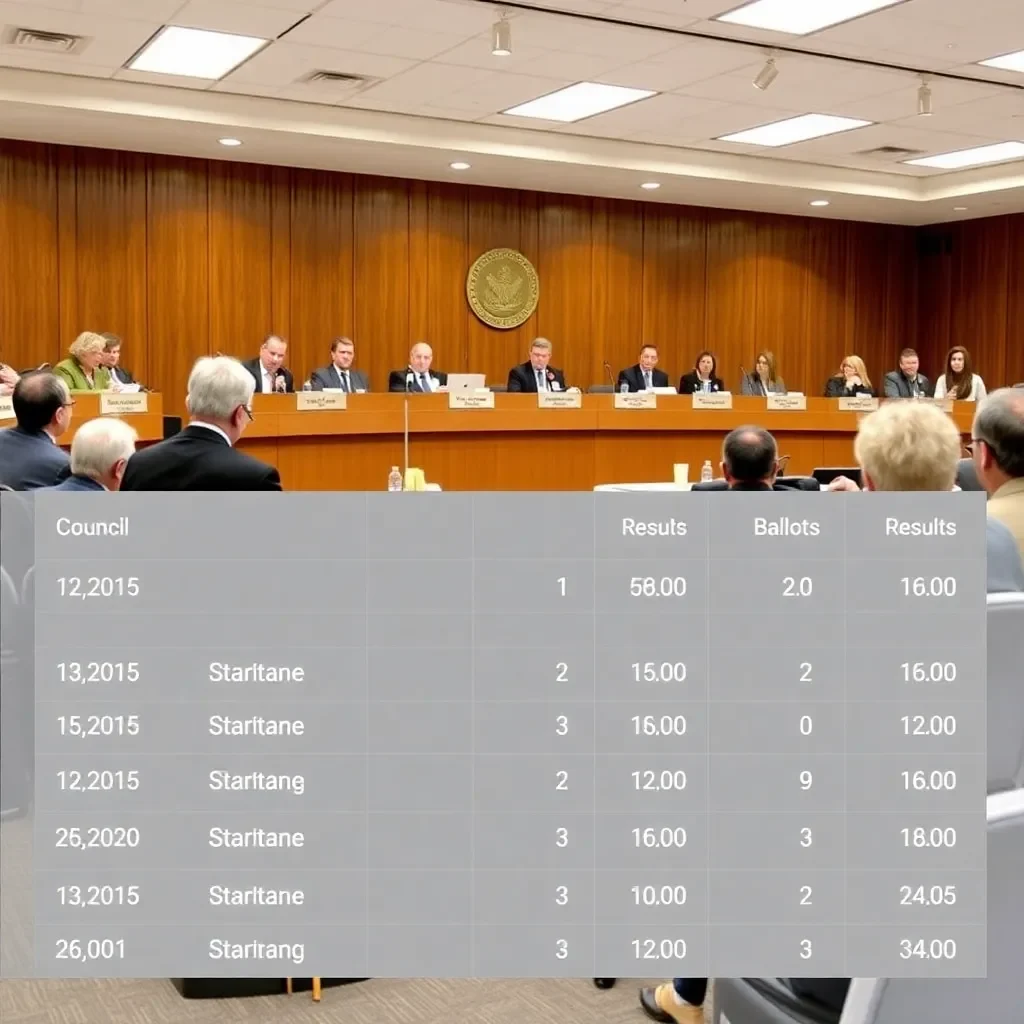 City council meeting with ballots and results display.