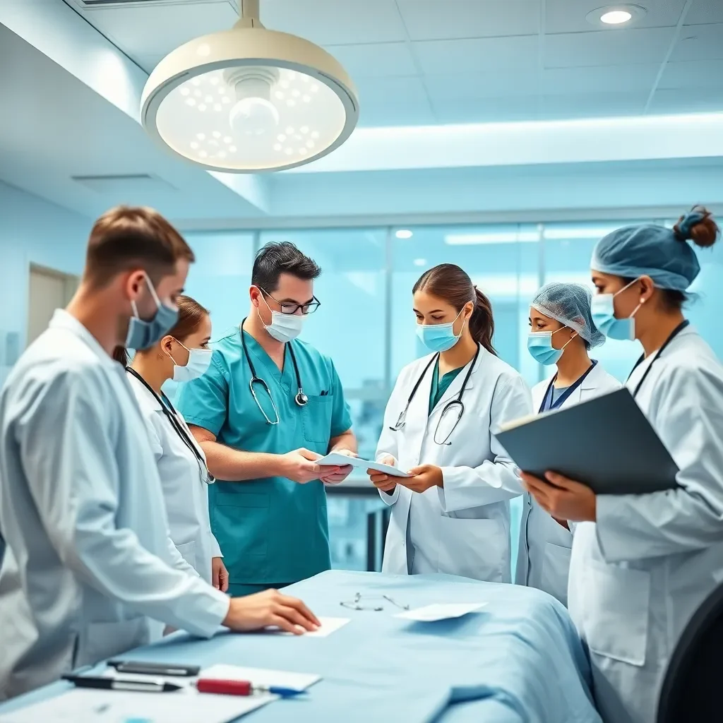 Healthcare professionals collaborating in a modern training facility.