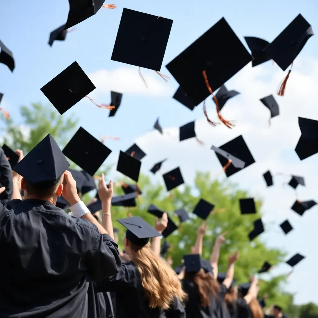 Graduation caps flying in celebration outdoors.