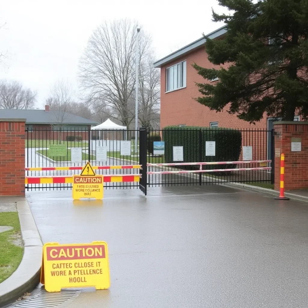 Flooded school entrance with caution signs and closed gates.