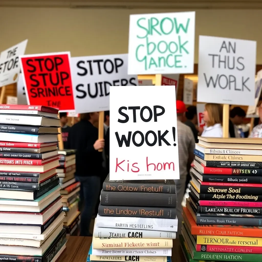 Books stacked with protest signs and lively discussions.