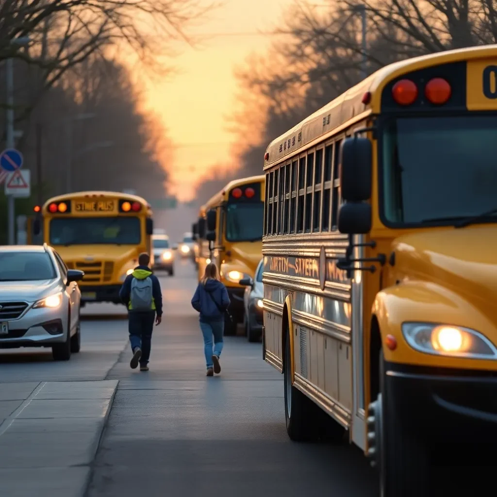 School traffic safety with early morning buses and students.