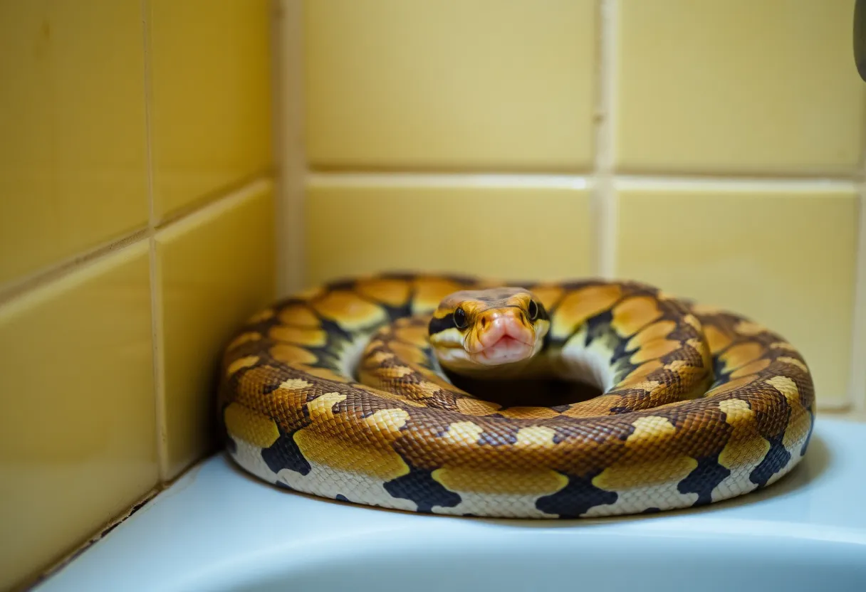 Python calmly resting in a bathroom corner.