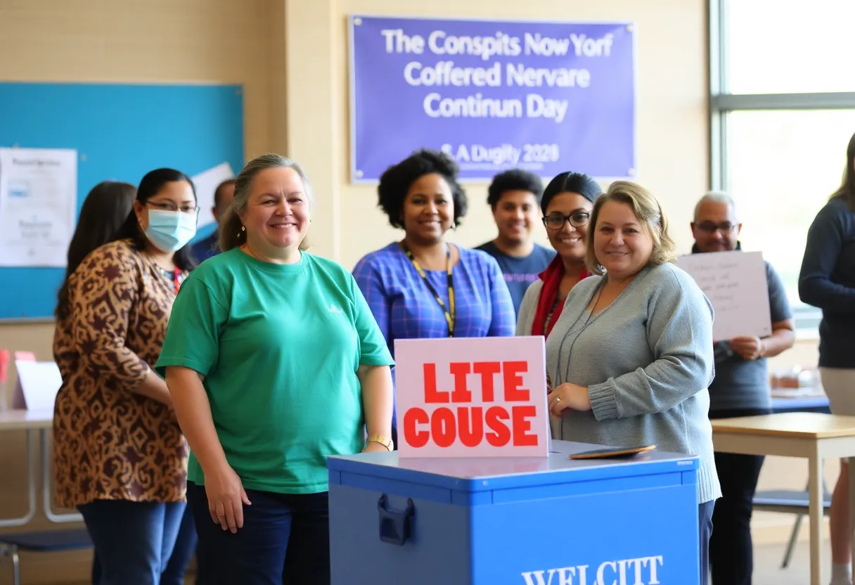 Election day ballot box with diverse community support.