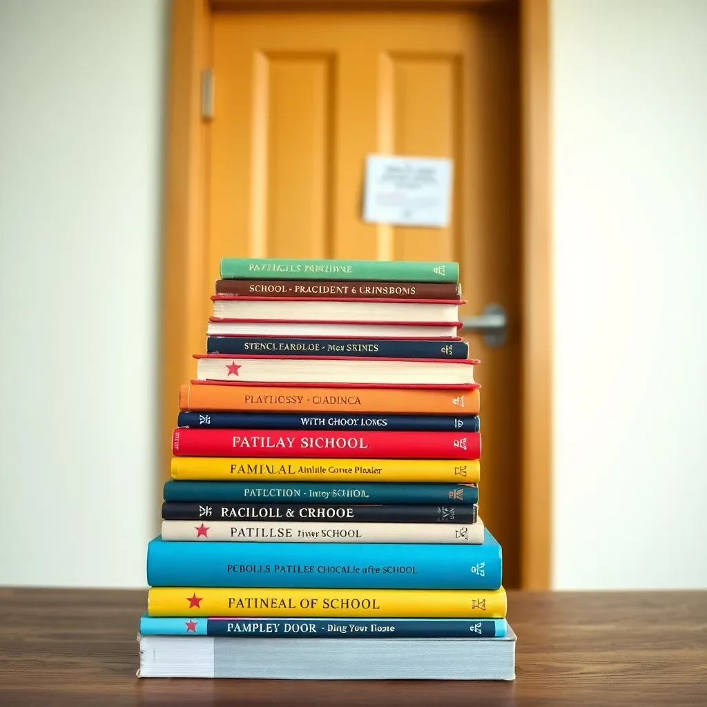 Stack of educational books with a closed school door.