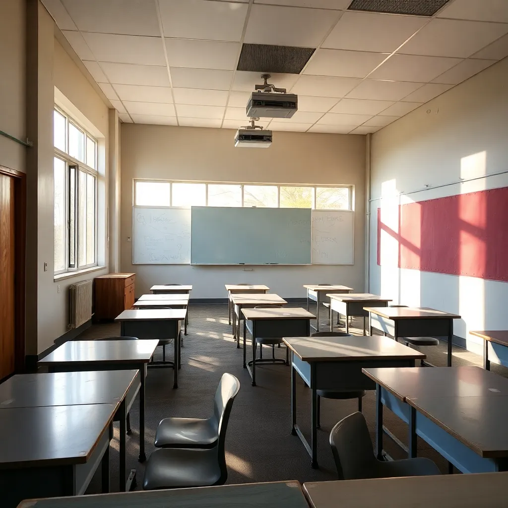 Classroom with broken HVAC vents and warm sunlight streaming in.