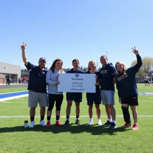 University athletics team celebrating advancement in sports division.