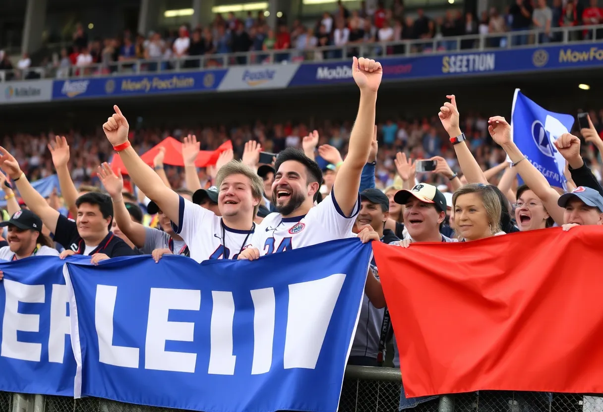 Celebrating team victory with enthusiastic fans and banners.