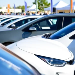 Electric vehicles lined up at a vibrant launch event.