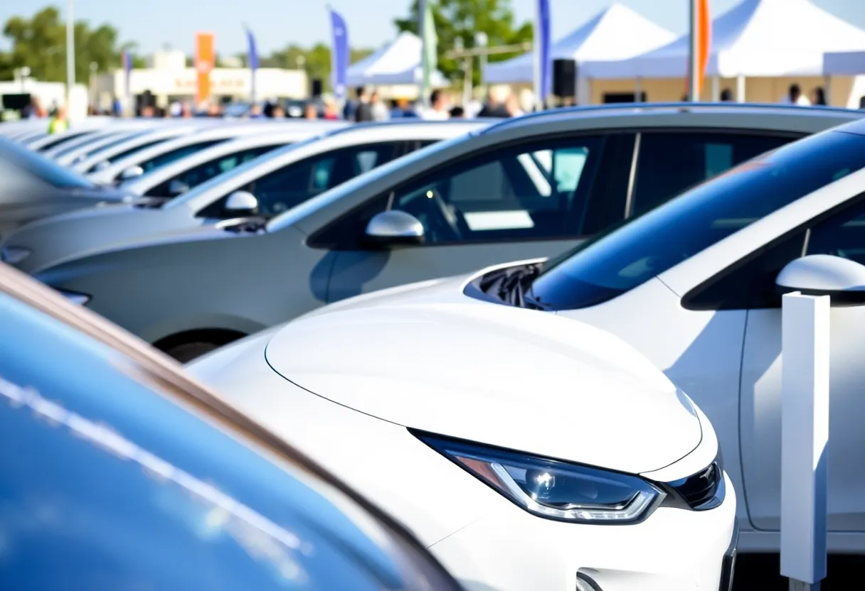 Electric vehicles lined up at a vibrant launch event.