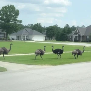 Emus roaming freely in a South Carolina neighborhood.