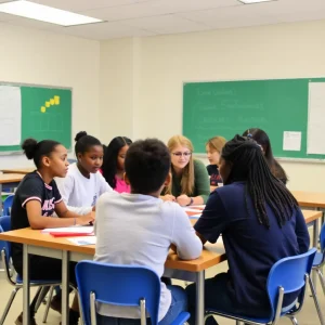 Collaborative classroom environment with diverse students engaged in learning.