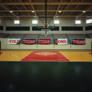 Empty basketball court with broken homecoming banners.