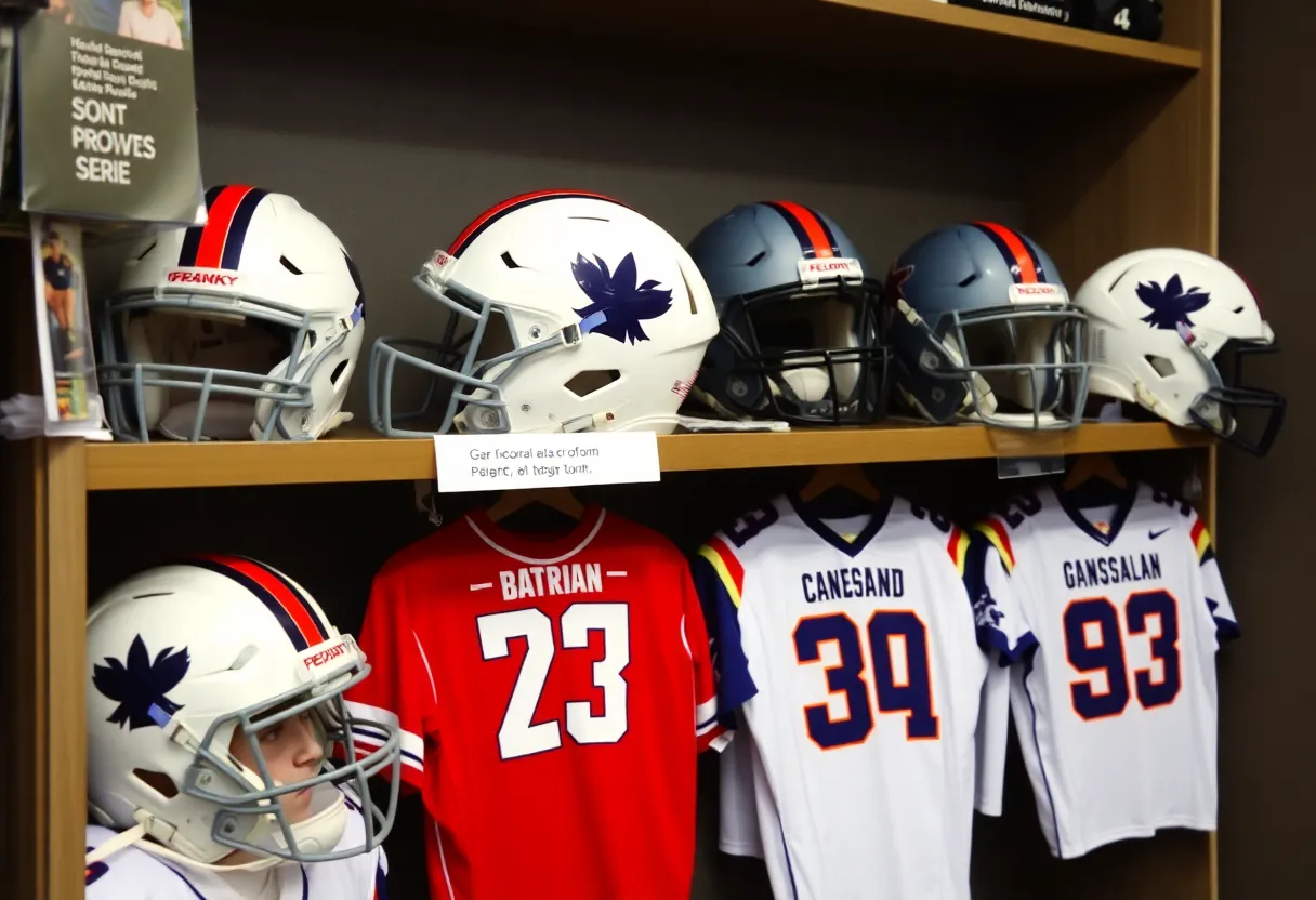 Football helmets and jerseys displayed with recruitment materials.