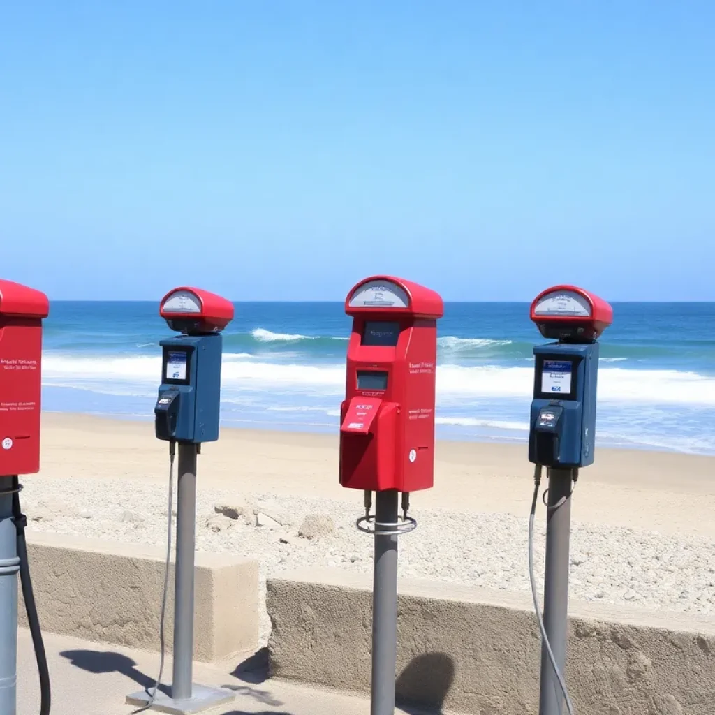 Parking meters in a beachside setting with ocean view.