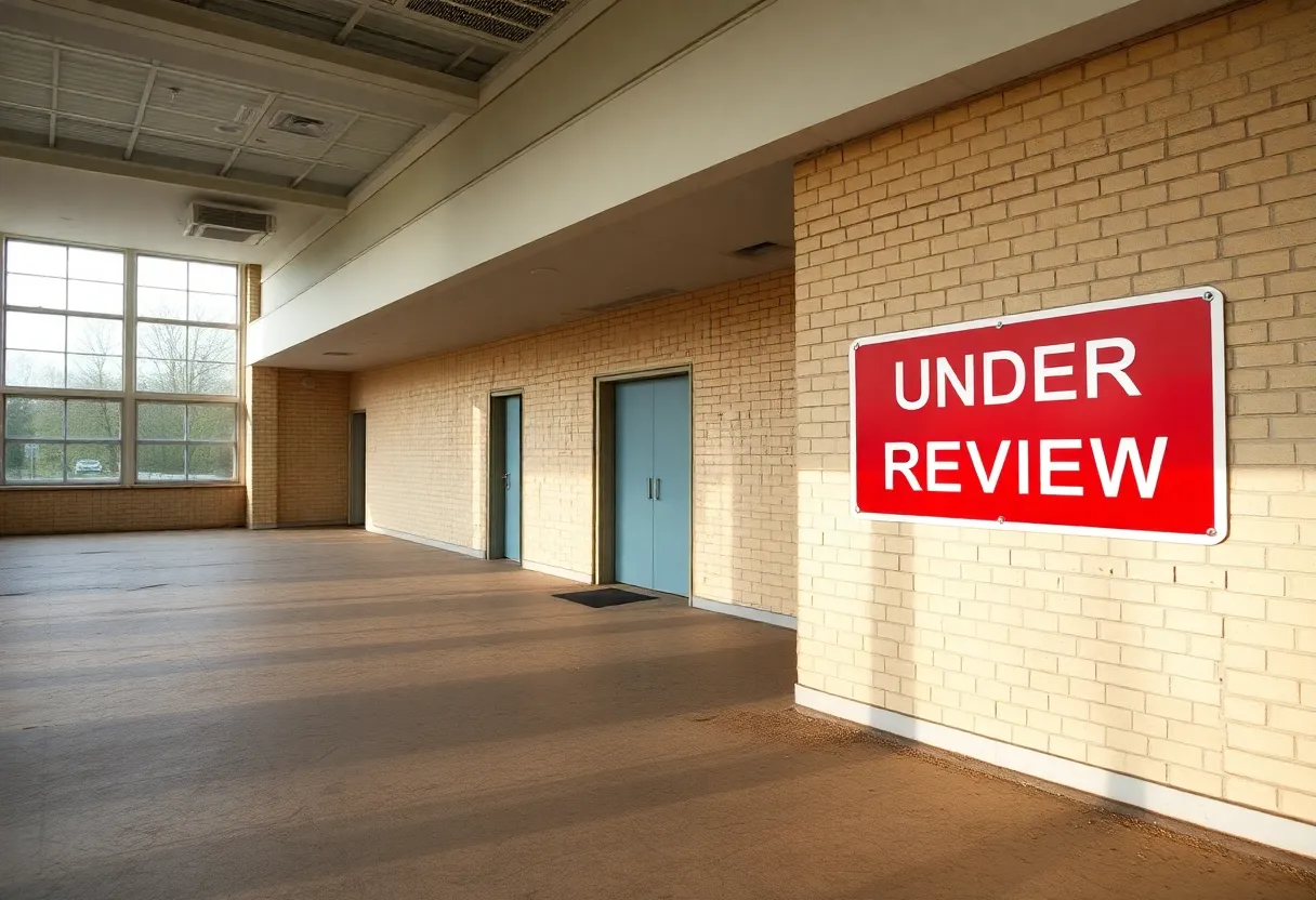 Empty psychiatric facility building with "Under Review" sign.