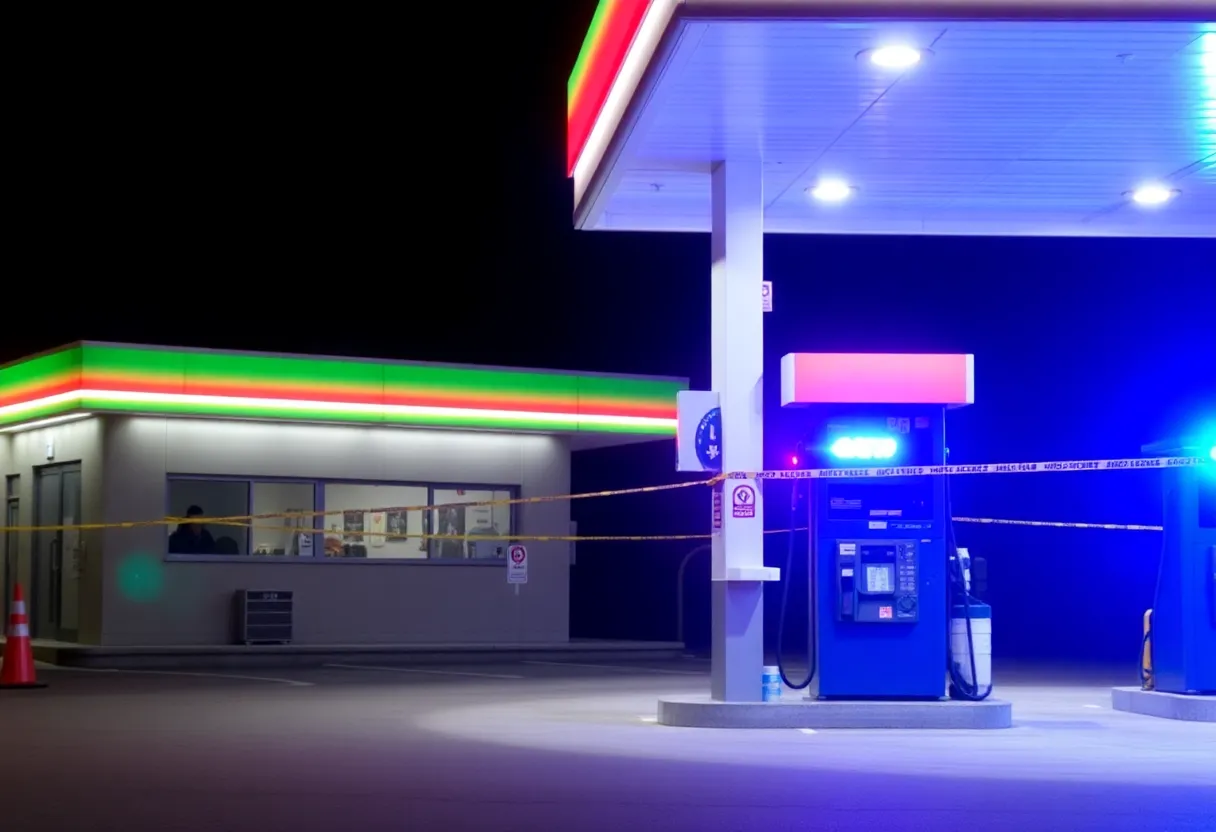 Gas station at night with police tape and flashing lights.