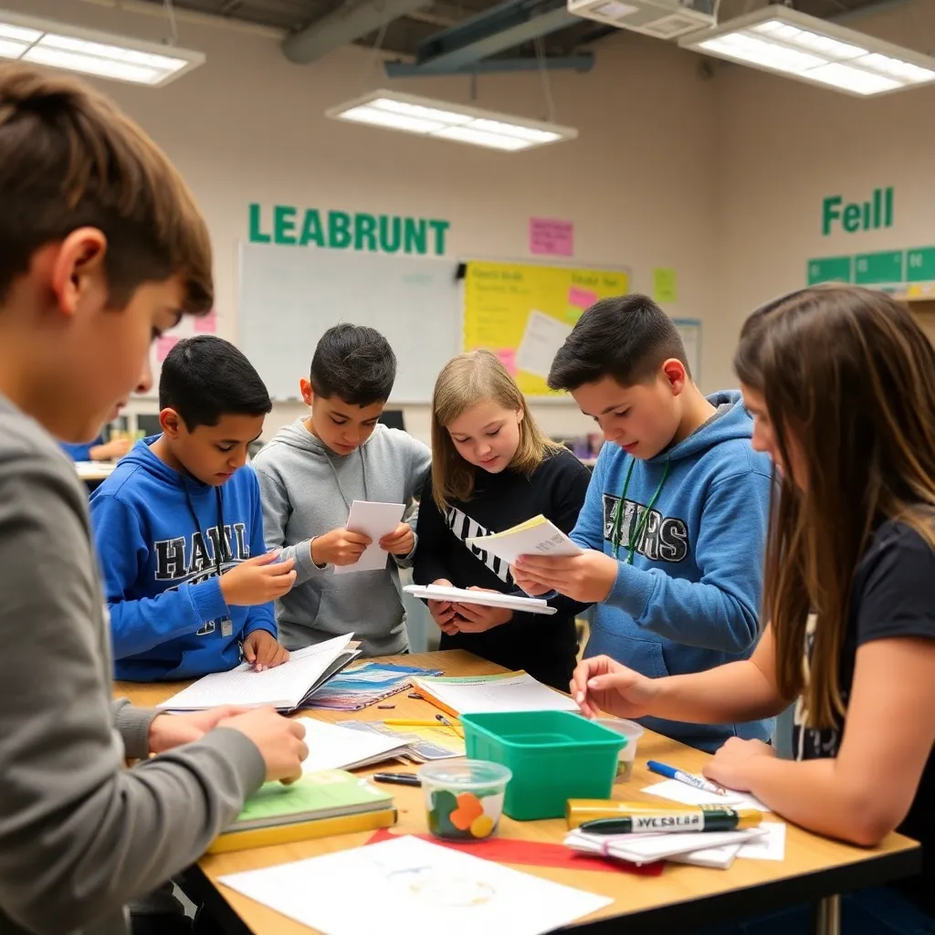 Students collaborating in a classroom with diverse learning materials.