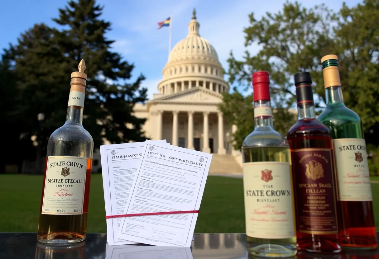 State Capitol building with budget documents and liquor bottles.