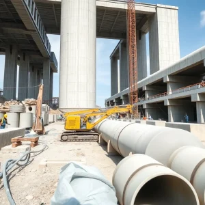 Workers at a construction site using concrete machinery and materials.