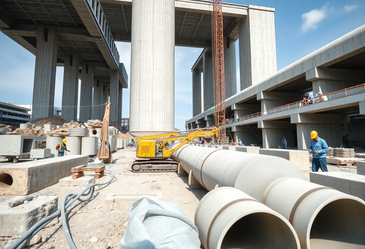 Workers at a construction site using concrete machinery and materials.