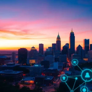 Atlanta skyline with digital technology elements representing AI marketing innovation.