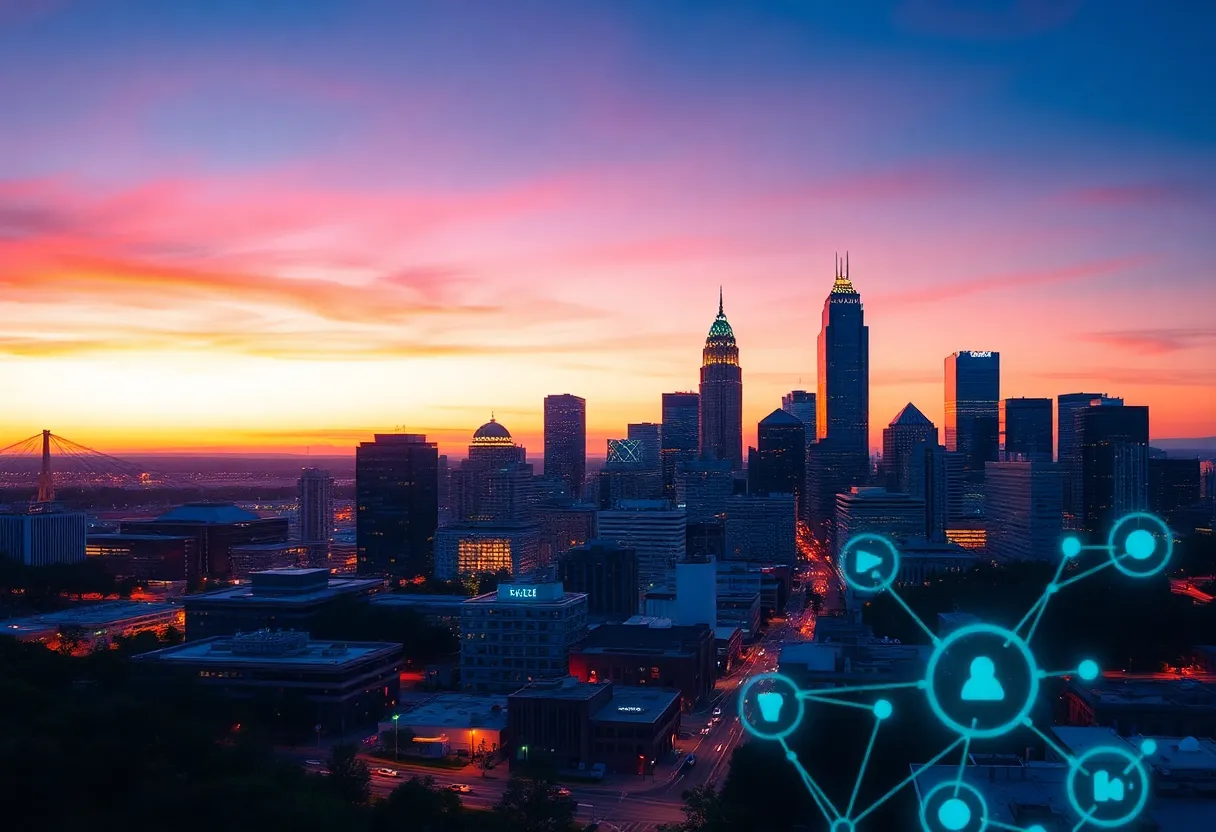 Atlanta skyline with digital technology elements representing AI marketing innovation.