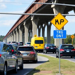 Heavy traffic at an intersection in Beaufort County with a bridge in the background.