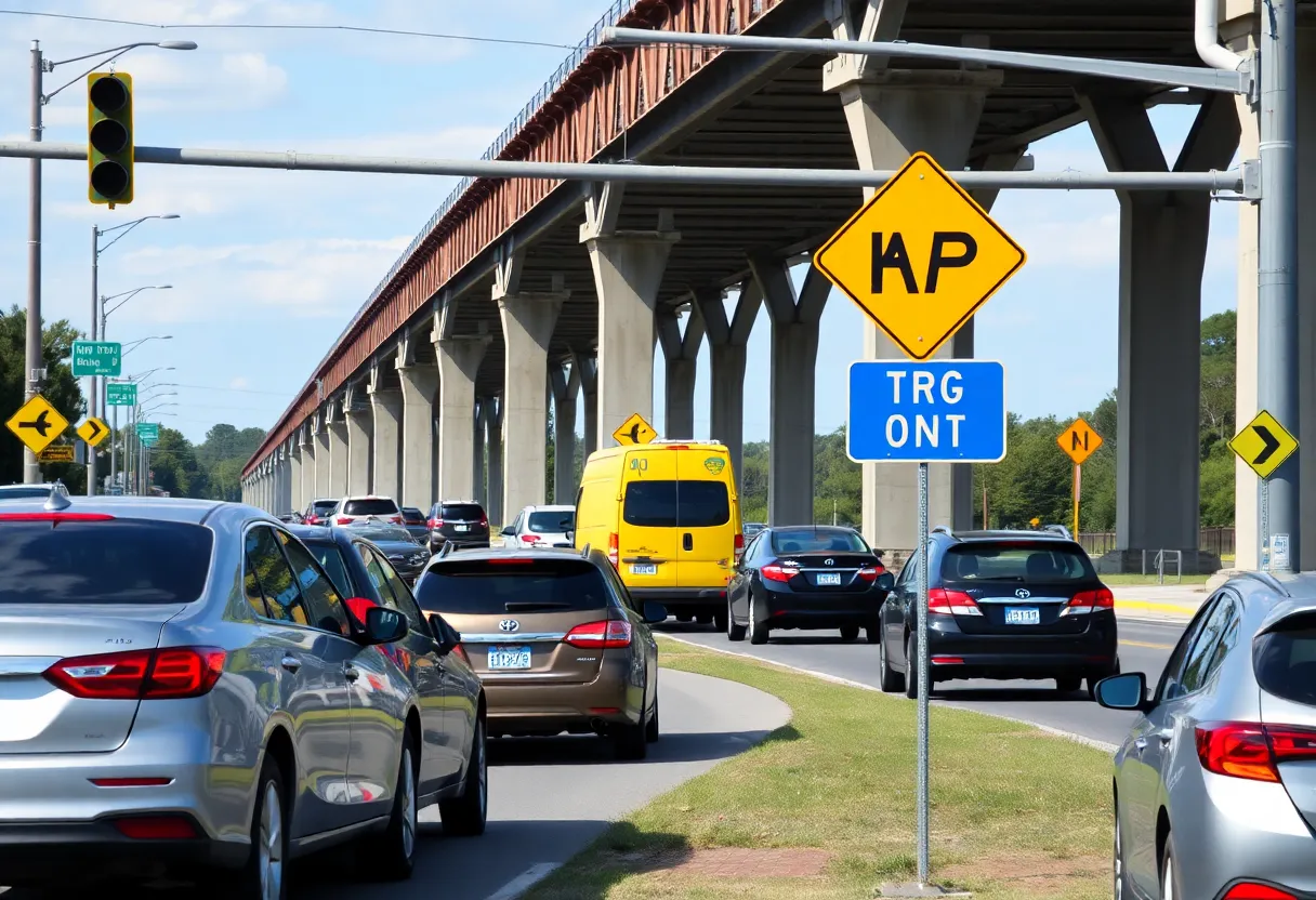 Heavy traffic at an intersection in Beaufort County with a bridge in the background.