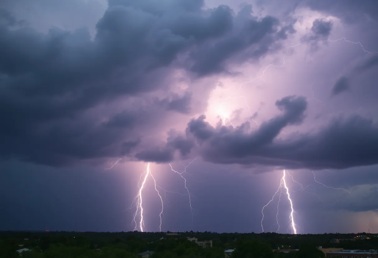 Thunderstorms over a Charleston skyline